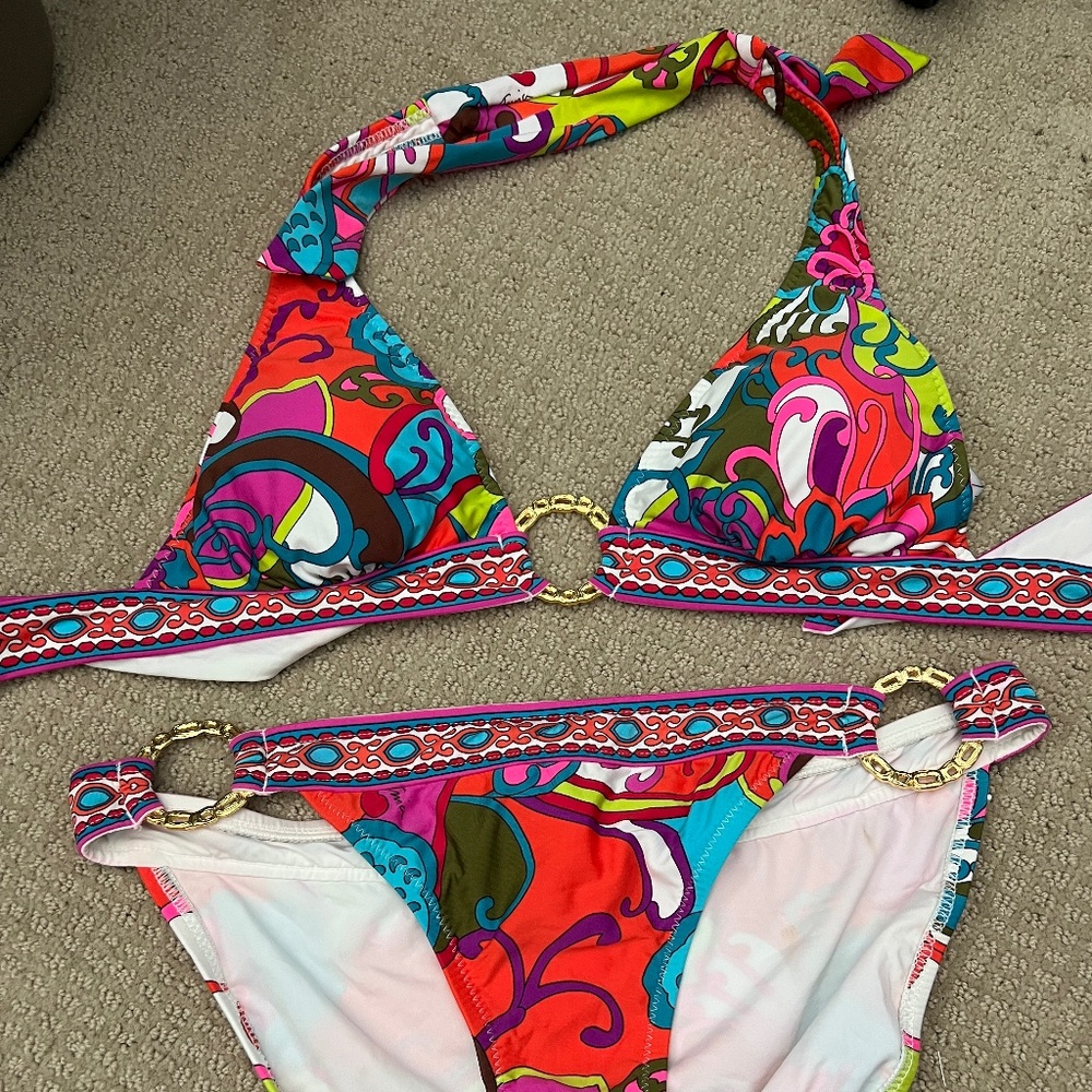 Trina Turk Bikini Set Multicolor Triangle Top & Hipster Bottoms w/ Gold Rings